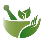 Home remedies logo with herbal leaves and mortar bowl