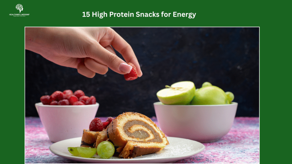 Healthy plate with fruits and cake showing balanced high protein snacks for energy