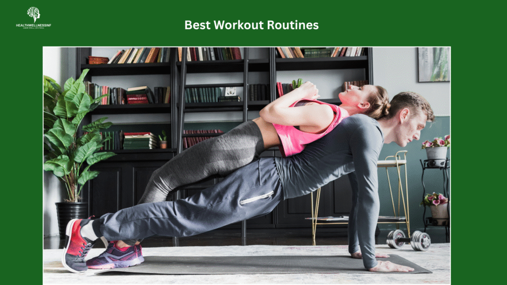 Couple doing strength exercises at home as part of the best workout routines