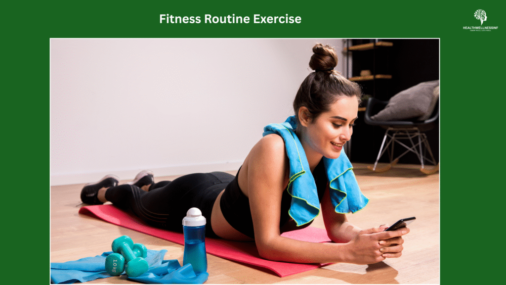 Female fitness routine exercise at home on a yoga mat with water bottle and dumbbells proximate to her.
