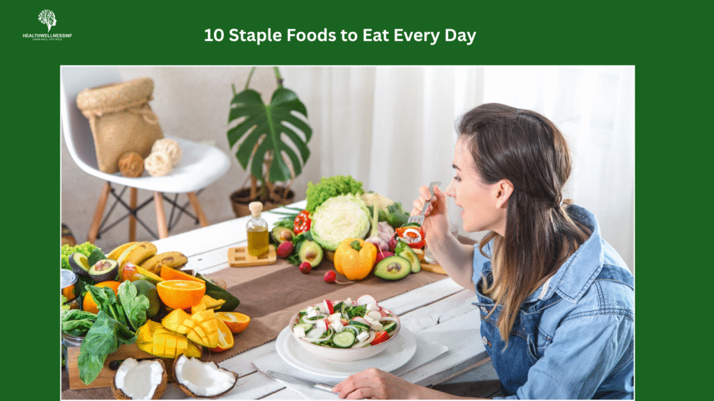 Woman eating a bowl of salad made with fresh vegetables, fruits, and grains — showing staple foods to eat everyday for good health.