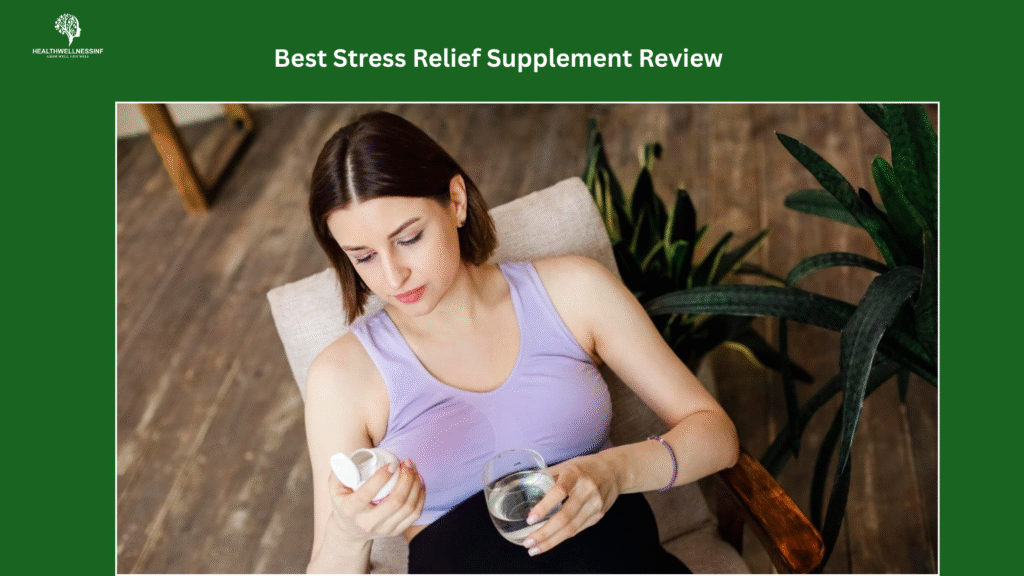 Woman reading supplement label while holding a glass of water – best stress relief supplement review.