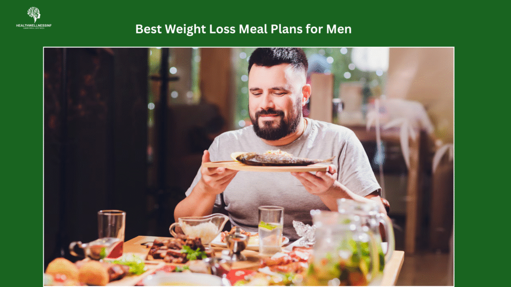 A man enjoying a healthy fish meal at a restaurant, representing nutritious choices for the best weight loss meal plans for men.