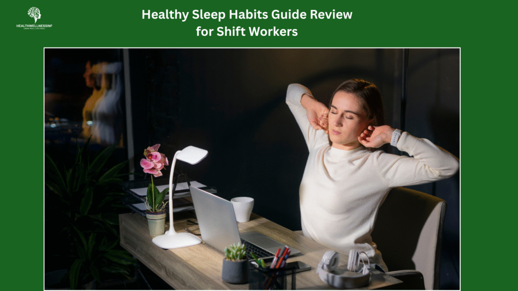 Healthy Sleep Habits Guide Review for Shift Workers — woman stretching at night desk to relieve fatigue and restore energy after long shift work hours.