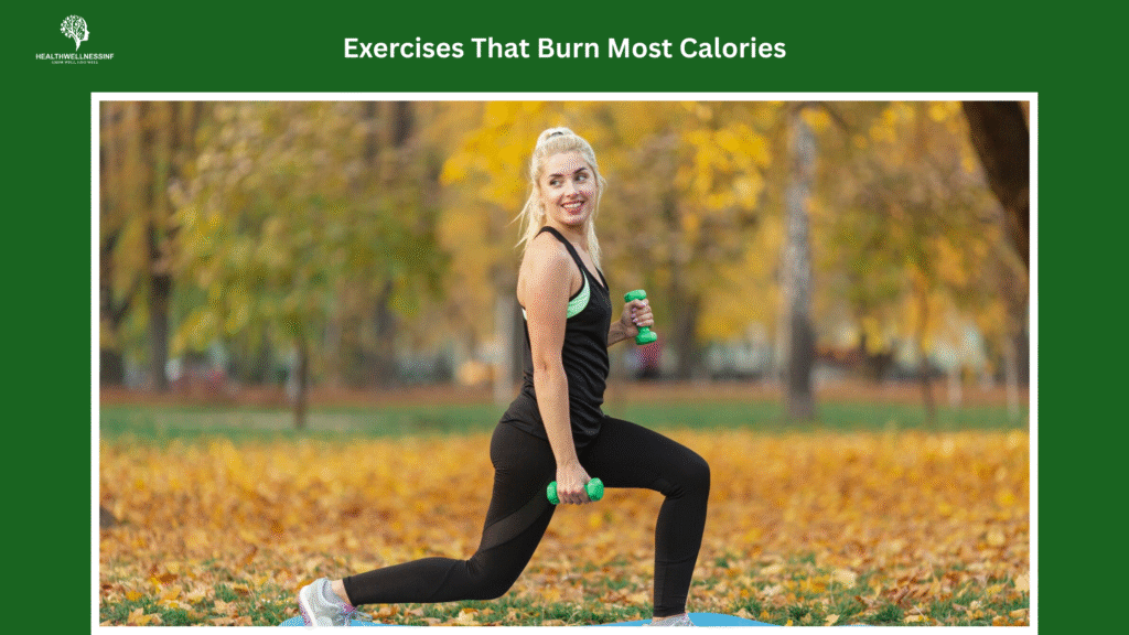 Woman performing weighted lunges outdoors as part of exercises that burn most calories for strength and fat loss.