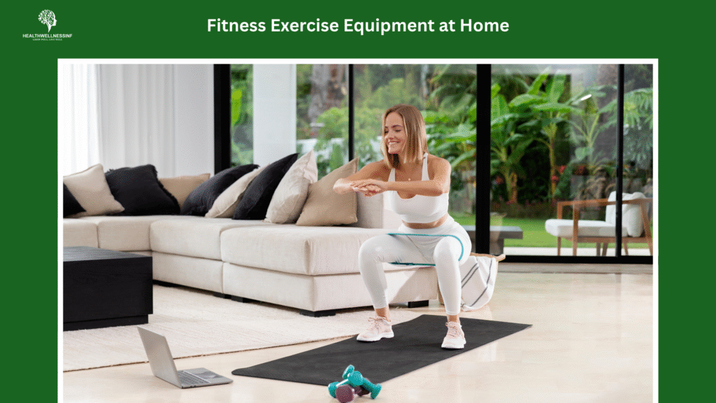 Woman exercising with resistance band, dumbbells, and a yoga mat as part of her fitness exercise equipment at home setup in a modern living room.