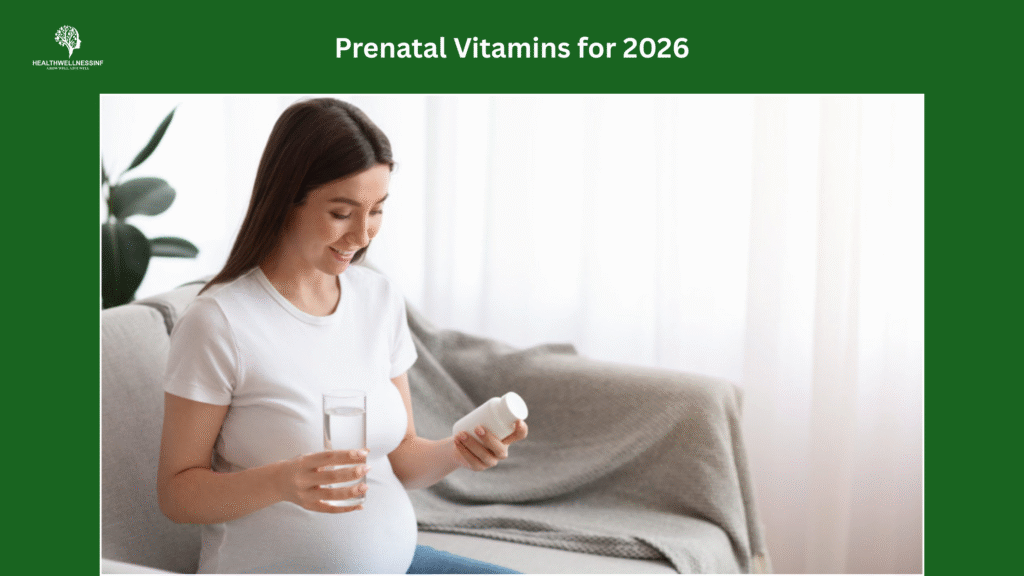 Pregnant woman holding a glass of water in one hand and a bottle of prenatal vitamins for 2026 in the other, preparing to take her supplement for a healthy pregnancy.