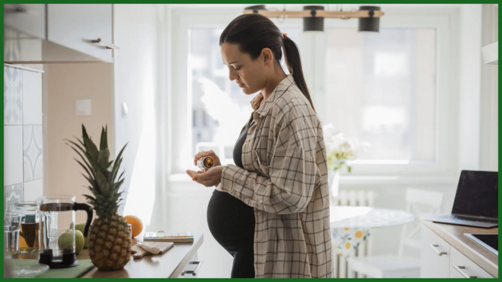 Pregnant woman holding prenatal vitamins in the kitchen with a pineapple and drinks.