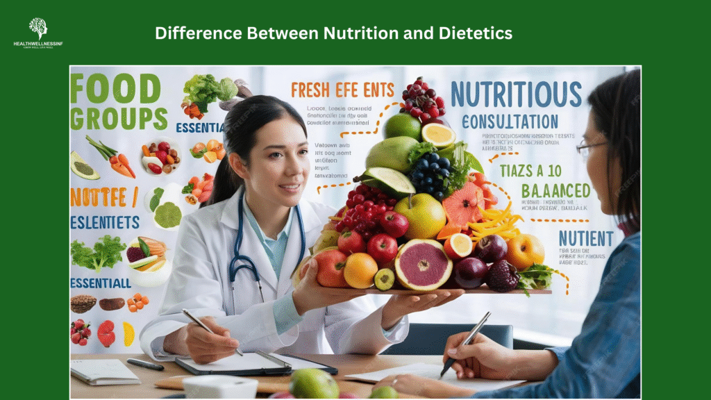 Dietitian explaining the difference between nutrition and dietetics during a healthy food consultation session.