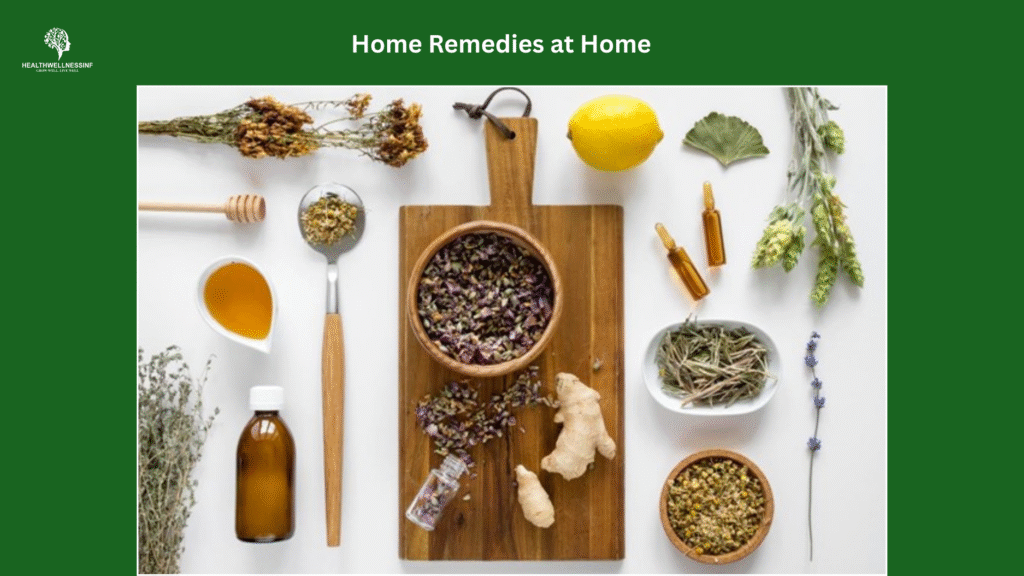 Flat lay image of natural ingredients for home remedies at home, including honey, ginger root, dried herbs, lemon, essential oils, and a wooden bowl on a white background.
