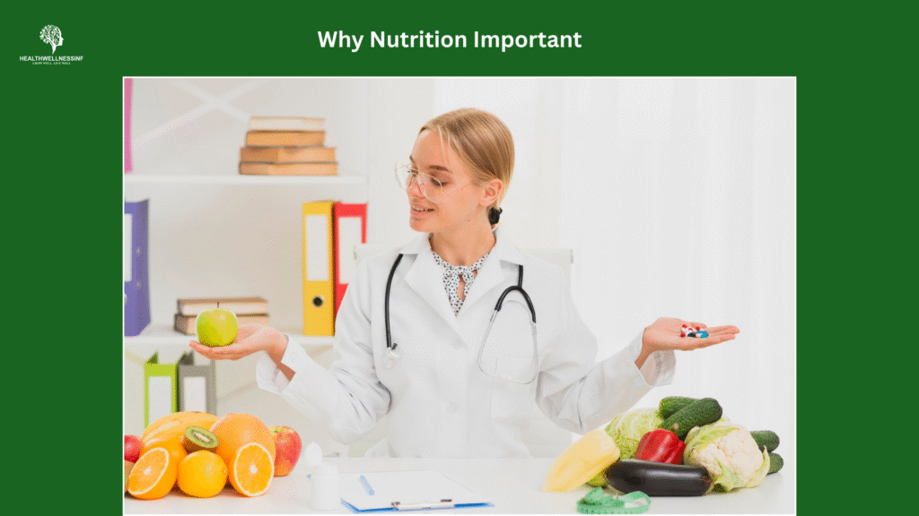 Doctor explaining why nutrition important by comparing fresh fruits and vegetables with supplements.