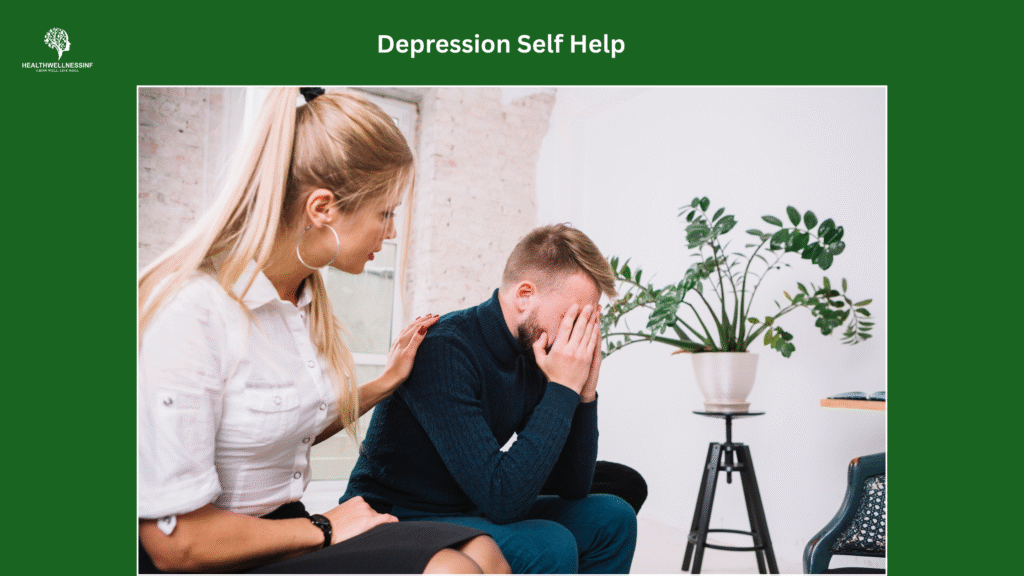 Woman comforting a man experiencing depression during a supportive conversation indoors.