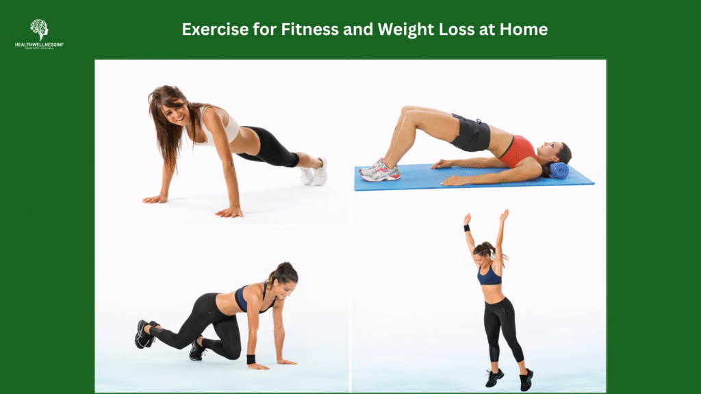 exercise for fitness and weight loss at home showing four women performing push-ups, glute bridges, mountain climbers, and jumping exercises.