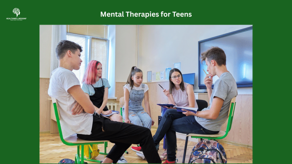 Mental therapies for teens during a group counseling session where teenagers discuss emotions and coping strategies with a therapist.
