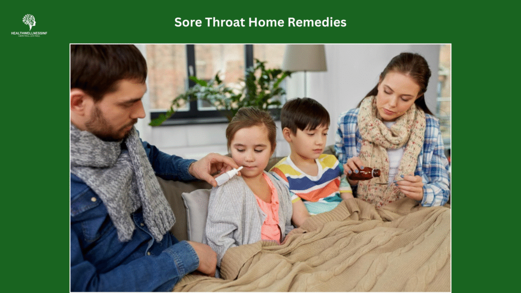 Parents caring for children using sore throat home remedies like syrup and nasal spray at home