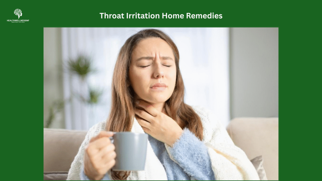 Woman experiencing throat discomfort while drinking warm tea as a throat irritation home remedy