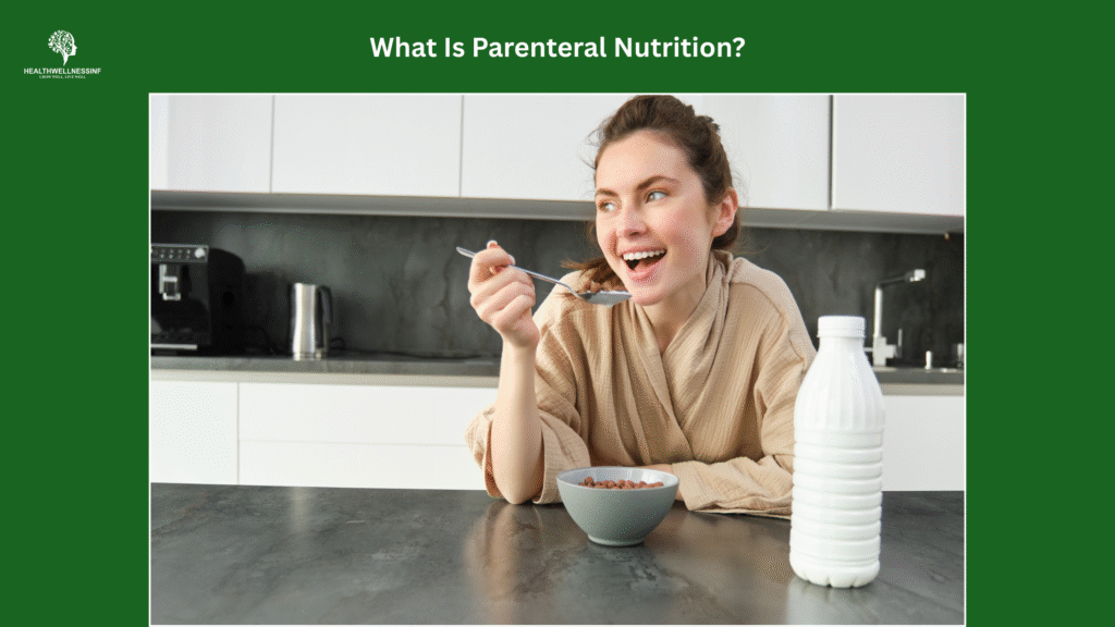 Woman eating cereal, representing parenteral nutrition