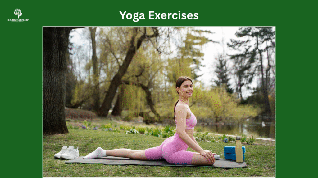 Woman practicing yoga exercises outdoors on a yoga mat in a park