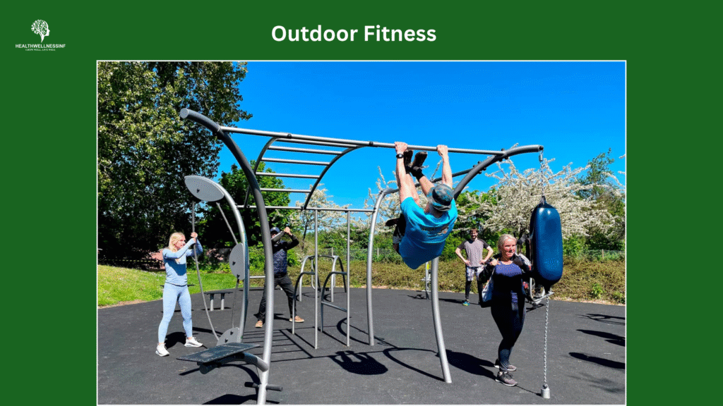 Outdoor fitness workout in a park with people using gym equipment and exercising under a clear blue sky