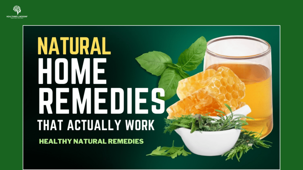 Natural home remedies with honey, herbs, and herbal tea promoting healthy wellness