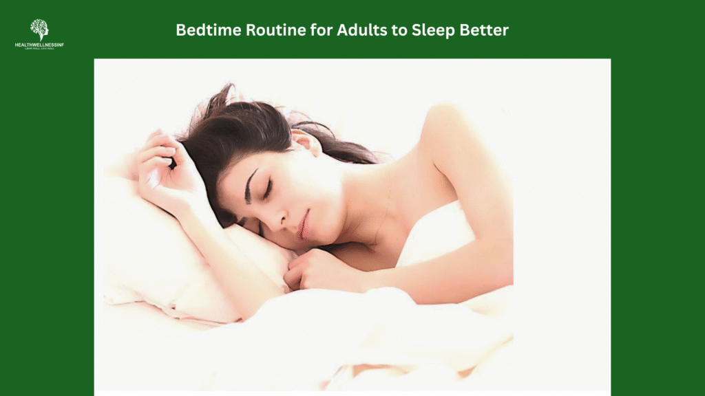 Bedtime Routine for Adults with a woman sleeping peacefully in bed to improve sleep quality and overall well-being.