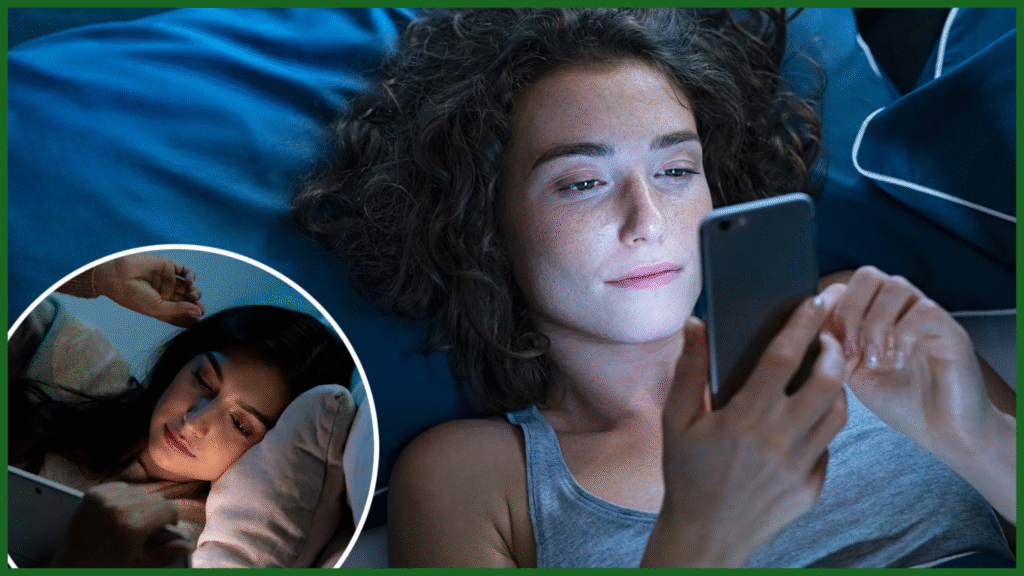 Woman using a smartphone in bed before sleep, illustrating how screen time and blue light can negatively affect sleep quality and bedtime routines.